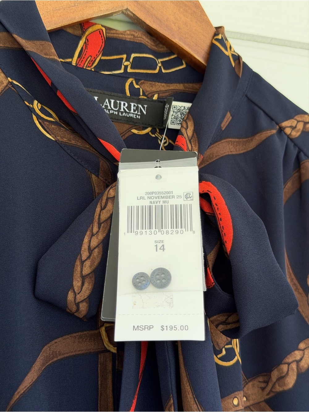 Ralph Lauren Georgette Equestrian Chain Print Tie Neck Midi Dress Navy 14 - Picture 7 of 11